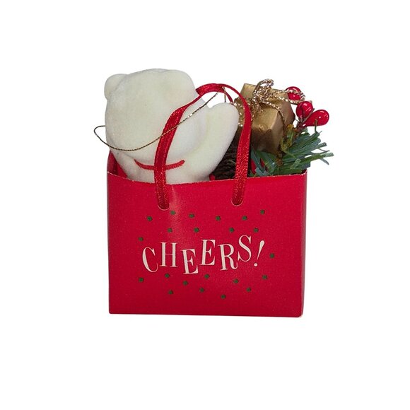 Holiday Bear Ornament In Red Gift Bag With "Cheers!" Message - Picture 3 of 4
